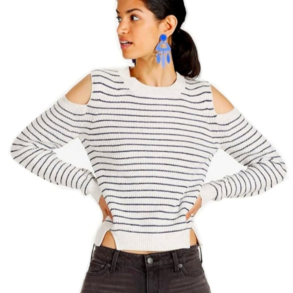 LUCKY Cashmere Cotton Striped Sweater‎ Sz L Gray Cut Out Shoulders Glam Modern